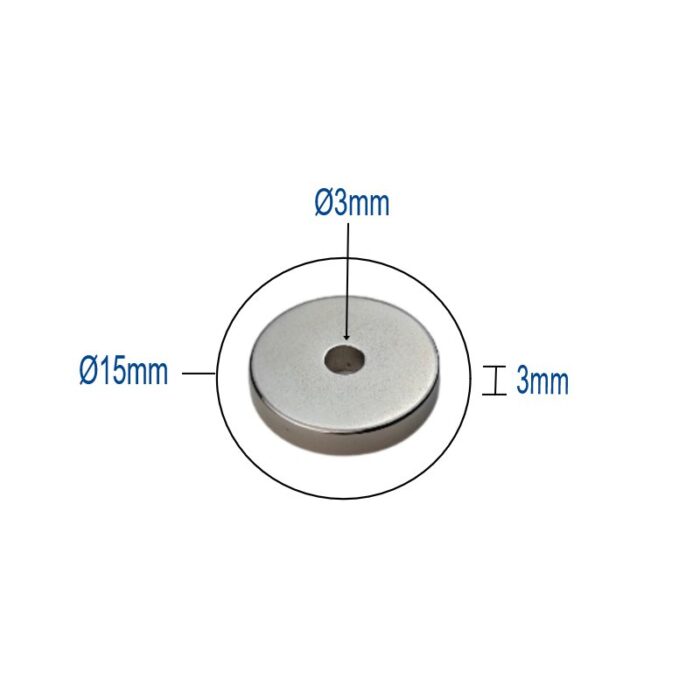 Neodym Ringmagnet Ø15x3mm mit Ø3mm Loch - Supermagnet N35-Güte