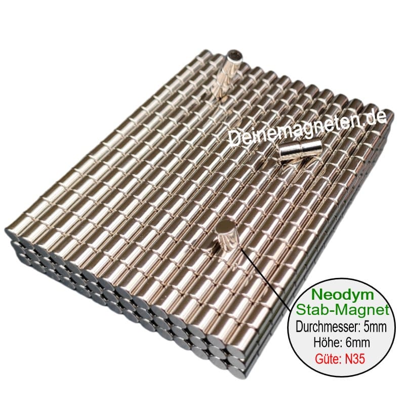 Kleine Neodym 5x6mm Stabmagnete in N35-Stärke, NdFeB, Runder "Supermagnet"