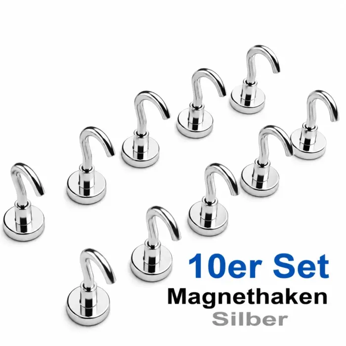 10er Set Neodym Hakenmagnete 16 mm Silber übersichtlich angeordnet