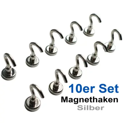 10x Magnethaken Ø16mm Neodym Magnet mit Haken, Hakenmagnet - hält max 6kg, Silber