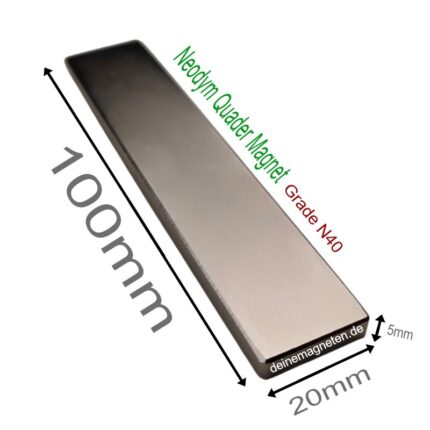 Neodym 100x20x5mm N40 Quader-Magnet, NdFeB Blockmagnet 10cm Länge