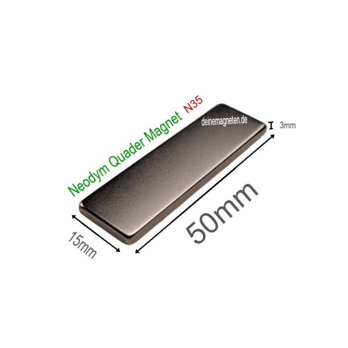 Neodym Quader 50x15x3mm Magnet, Blockmagnet N35 Nickelbeschichtet