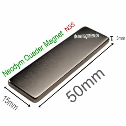 Neodym Quader 50x15x3mm Magnet, Block, N35, Vernickelt, max °80