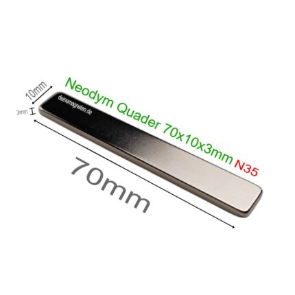 Neodym Quader 70x10x3mm Magnet, NdFeB Blockmagnet N35 Nickel