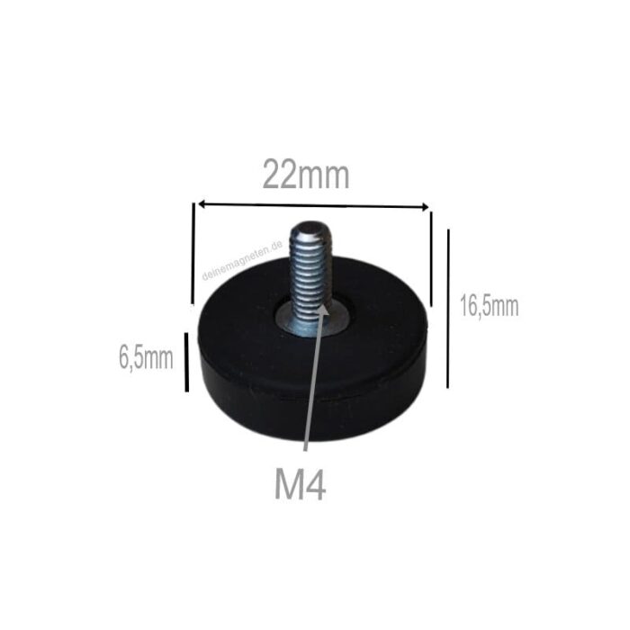 Neodym-Magnetsystem gummiert mit M4-Außengewinde – Ø22 mm | 6,5mm/16,5mm Höhe, schwarz Neodym-Magnetsystem gummiert mit M4-Außengewinde – Ø22 mm | 6,5mm/16,5mm Höhe, schwarz