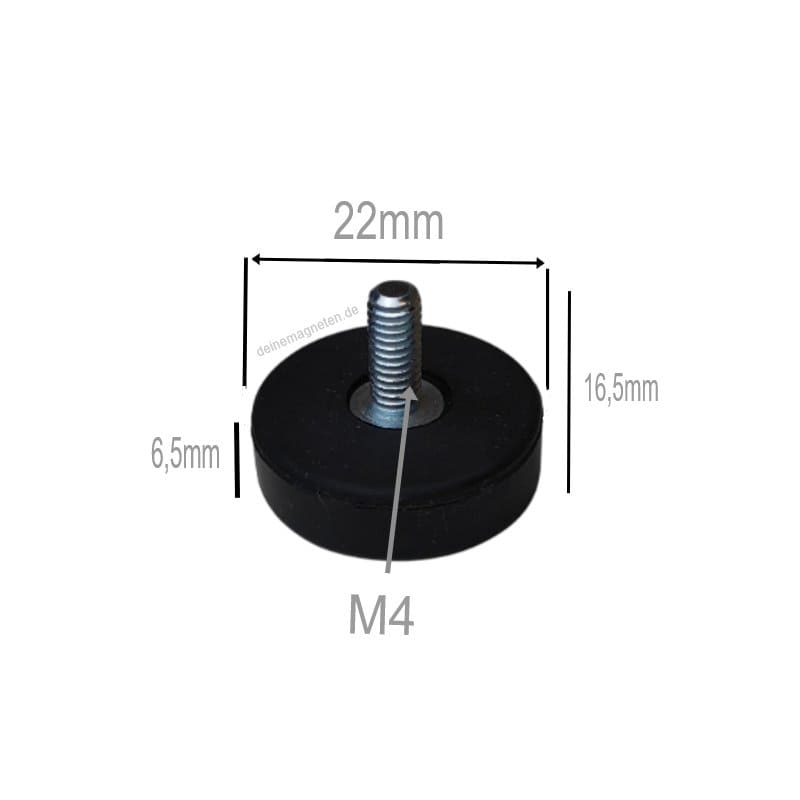 Neodym-Magnetsystem gummiert mit M4-Außengewinde – Ø22 mm | 6,5mm/16,5mm Höhe, schwarz