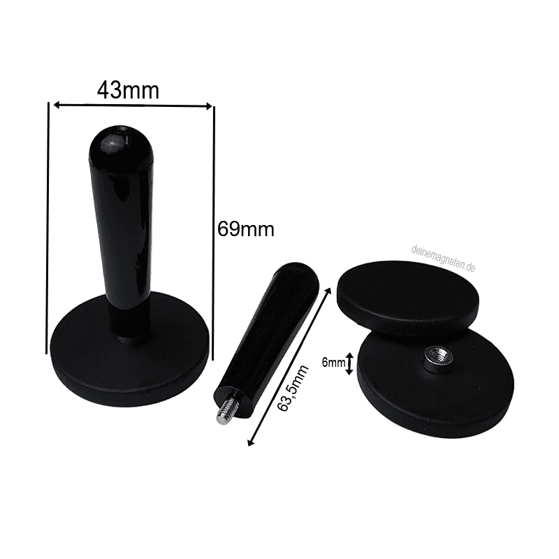 Neodym-Magnetsystem gummiert mit Griff, M4-Innengewinde – Ø43 mm | 69 mm Höhe, schwarz