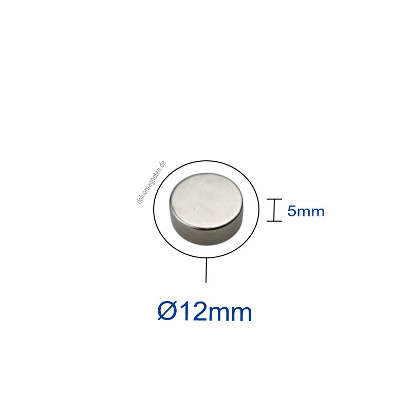 Neodym Magnet Ø12x5mm Scheibe, N45, Nickel