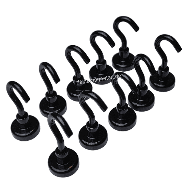 10x Magnethaken Ø16mm Neodym Magnet mit Haken Schwarz, Hakenmagnet – hält max 6kg