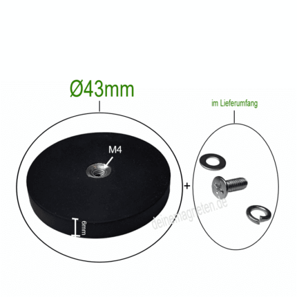 Neodym-Magnetsystem gummiert mit M4-Innengewinde – Ø43 mm | 6 mm Höhe, schwarz