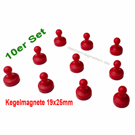 Kegelmagnet 19mm x 25mm mit Neodym-Magnet-Kern, Rot (10er Set)