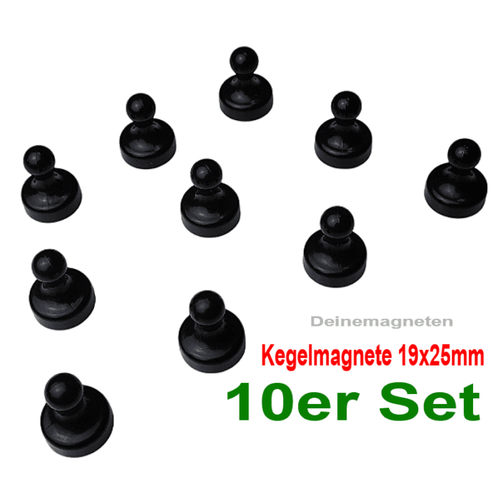 Kegelmagnet 19mm x 25mm mit Neodym-Magnet-Kern, Schwarz (10er Set)