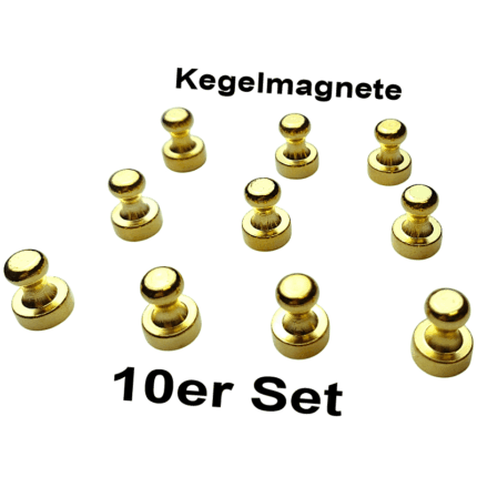 Kegelmagnet Ø12×16 mm Gold mit Neodym-Magnetkern – 10 Stück im Set