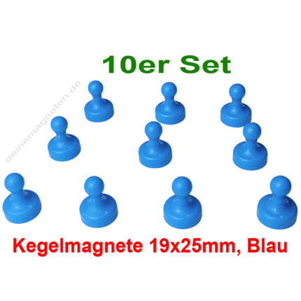 Kegelmagnet 19mm x 25mm mit Neodym-Magnet-Kern, Blau (10er Set)