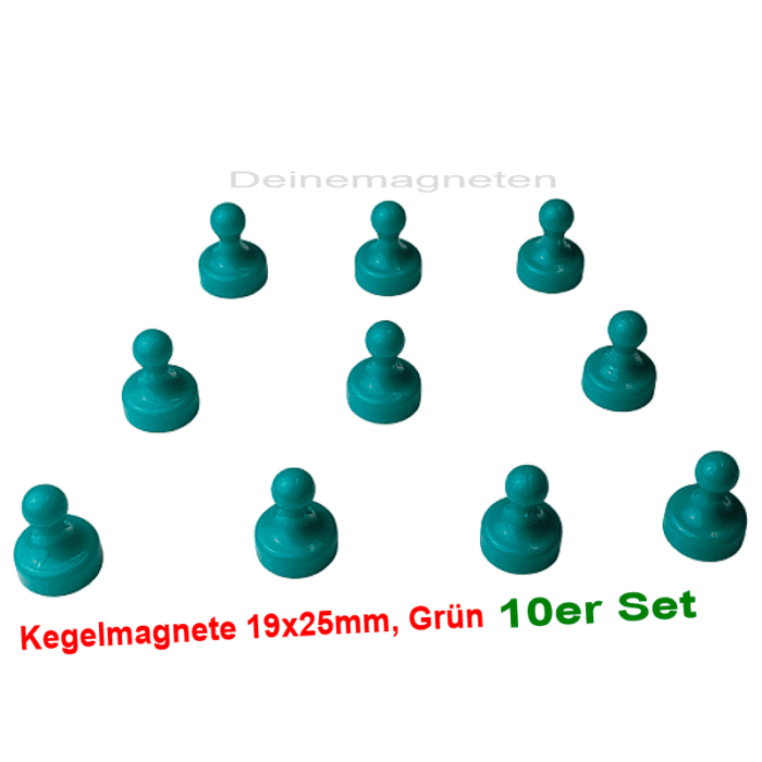 Kegelmagnet 19mm x 25mm mit Neodym-Magnet-Kern, Grün (10er Set)