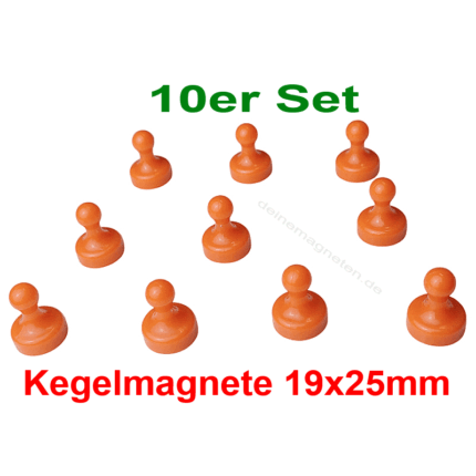 Kegelmagnet 19mm x 25mm mit Neodym-Magnet-Kern, Orange (10er Set)