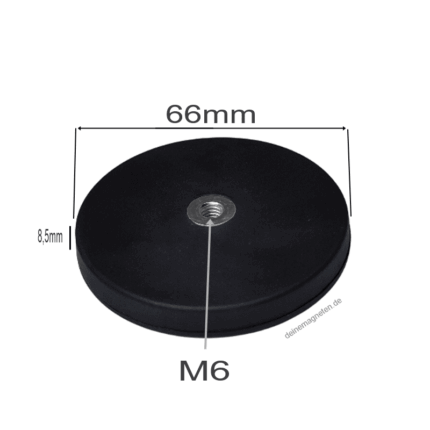 Neodym-Magnetsystem gummiert mit M6-Innengewinde – Ø66 mm | 8,5 mm Höhe, schwarz