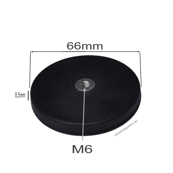 Neodym-Magnetsystem gummiert mit M6-Innengewinde – Ø66 mm | 8,5 mm Höhe, schwarz
