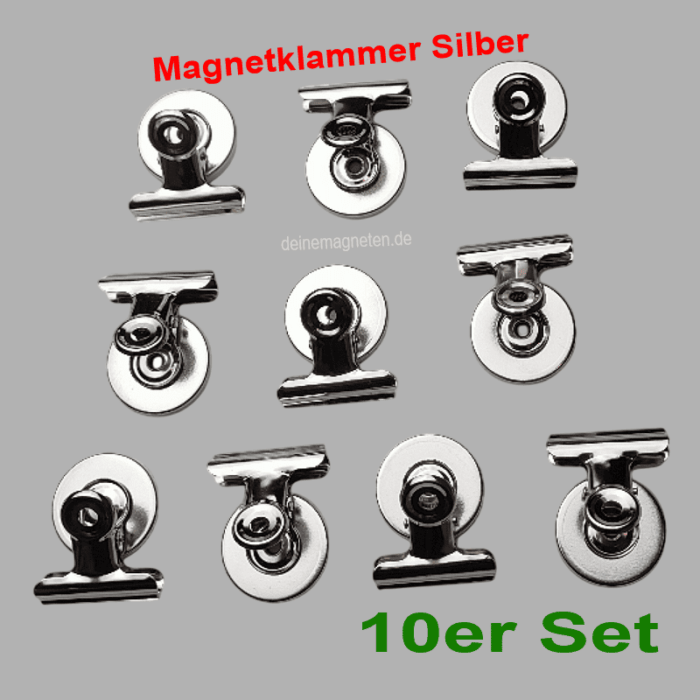 10er Set Magnetklammern 30 mm, Silber, Ferrit-Kern, Magnetclips, Klemme