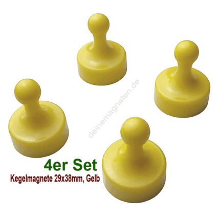 4er-Set Kegelmagnete 29mm x 38mm Gelb | Neodymmagnet-Kern, Kunststoffgehäuse