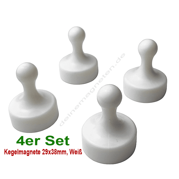 4er-Set Kegelmagnete 29mm x 38mm Weiß | Neodymmagnet-Kern, Kunststoffgehäuse