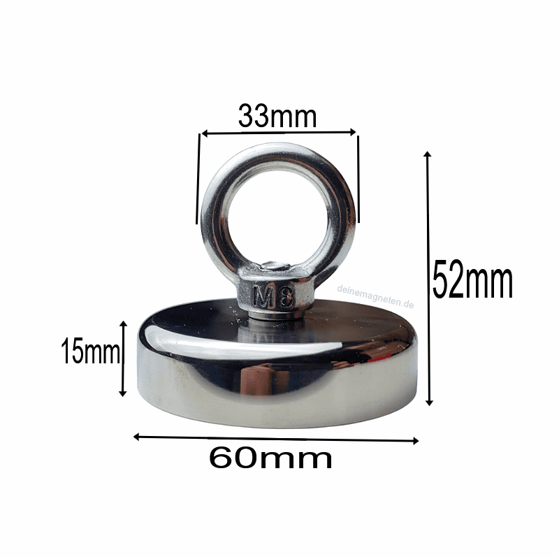 Neodym Ösenmagnet Ø60mm x 15mm Bergemagnet/Angelmagnet mit 10m Seil, Topfmagnet M8 mit Öse
