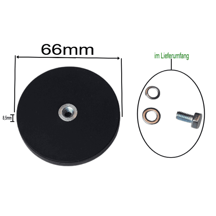 Neodym-Magnetsystem gummiert Ø66 mm mit 1/4"-20 Innengewinde – inklusive Schraube & Unterlegscheiben Neodym-Magnetsystem gummiert Ø66 mm mit 1/4"-20 Innengewinde – inklusive Schraube & Unterlegscheiben