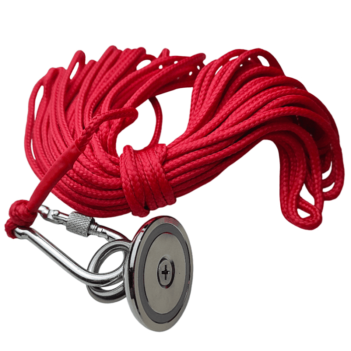 Neodym Ösenmagnet Ø42mm x 6,3mm Bergemagnet mit 10m Seil, Topfmagnet M6 mit Öse Neodym Ösenmagnet Ø42mm x 6,3mm Bergemagnet mit 10m Seil, Topfmagnet M6 mit Öse