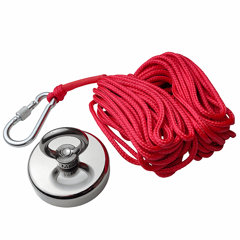 Neodym Ösenmagnet Ø60mm x 15mm Bergemagnet/Angelmagnet mit 10m Seil, Topfmagnet M8 mit Öse