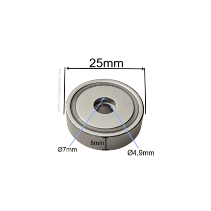 Neodym Topfmagnet Ø25x8mm x 4,9mm Loch und 7 mm Senkung