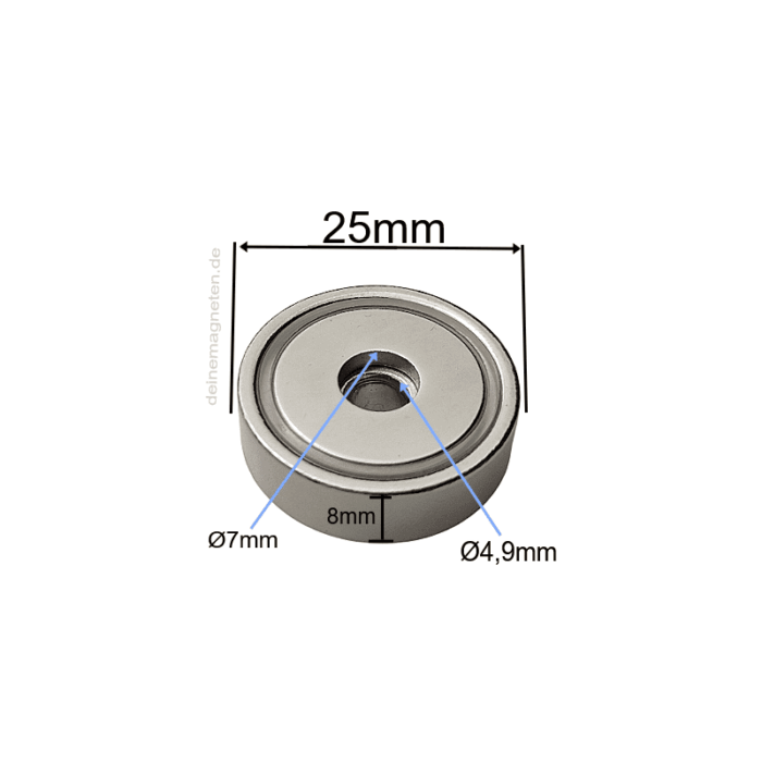 Neodym Topfmagnet Ø25x8mm x 4,9mm Loch und 7 mm Senkung