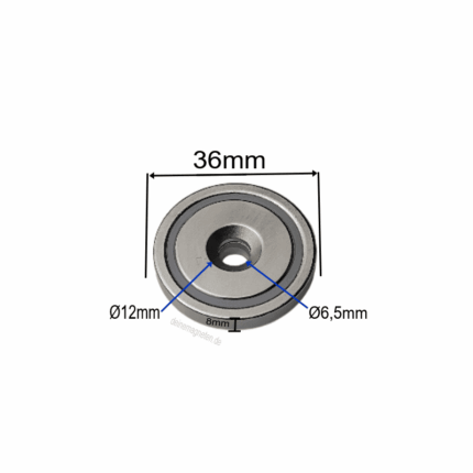 Neodym Topfmagnet Ø36x8mm x 6,5mm mit Loch und 12mm Senkung