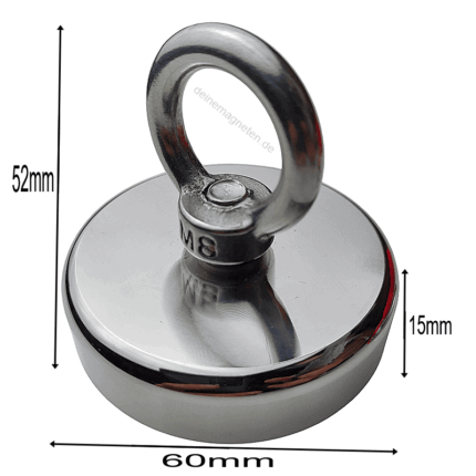 Neodym Ösenmagnet Ø60mm x 15mm Bergemagnet/Angelmagnet, Topfmagnet M8 mit Öse