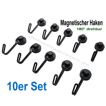 Magnetischer Haken 16mm (schwarz) – drehbar 180°, Neodym im Topf (10-Stück-Set)